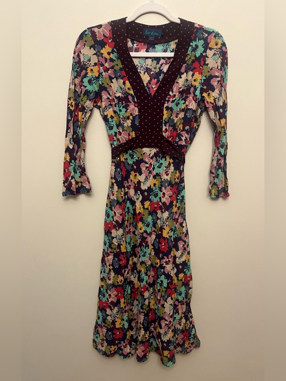 Boden Floral Print V-Neck Midi Dress Women's Size 10R Contrast Dot Trim